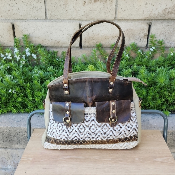 Myra Leather Canvas Woven Khaki Green Brown Boho Tapestry Shoulder Tote Bag. - Picture 1 of 12